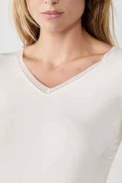 ETAM Colección Térmica|Cuello En V|Camiseta de manga larga con cuello en V de tejido térmico BLANCO ROTO