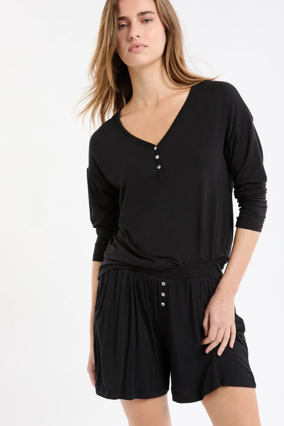 ETAM Pijamas Esenciales|Partes De Arriba De Pijama|Camiseta de manga larga de pijama de modal NEGRO
