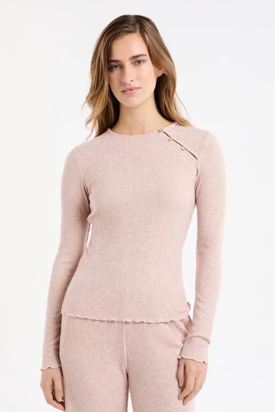 ETAM Homewear|Partes De Arriba De Pijama|Camiseta de pijama acanalada con botones ROSA EMPOLVADO