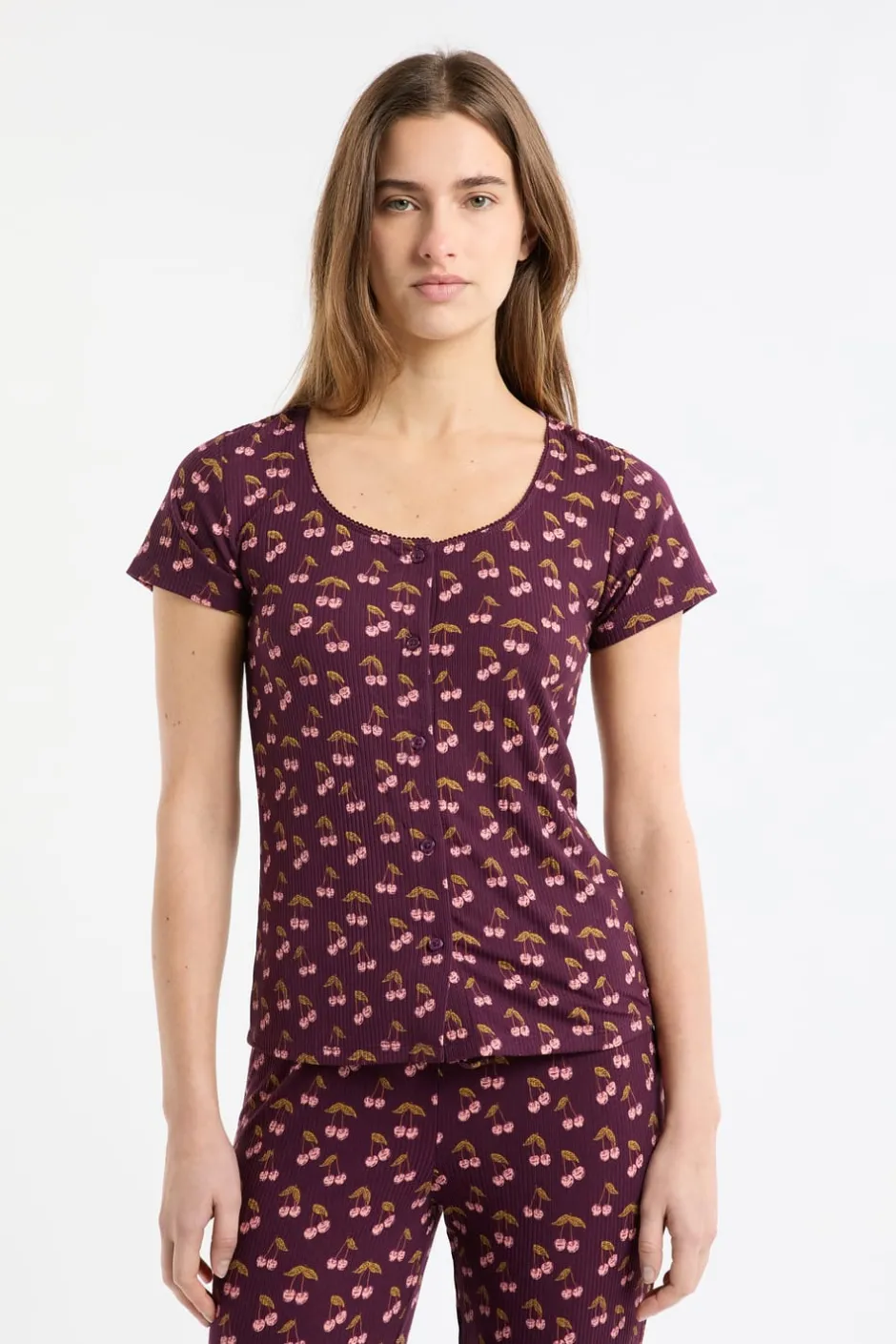 ETAM Los Pijamas Más Responsables|Partes De Arriba De Pijama|Camiseta de pijama con estampado de cerezas VIOLET