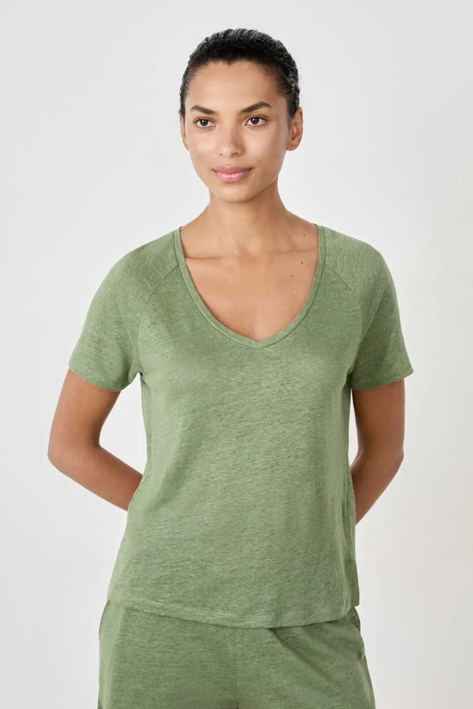 ETAM Partes De Arriba De Pijama|Los Pijamas Más Responsables|Camiseta de pijama manga corta 100% lino VERDE
