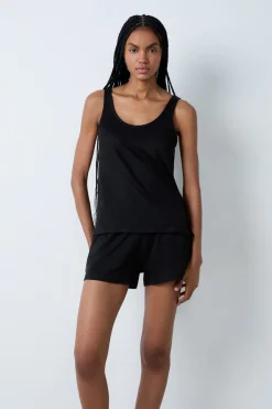 ETAM Pijamas Esenciales|Partes De Arriba De Pijama|Camiseta de tirantes 100% lino NEGRO