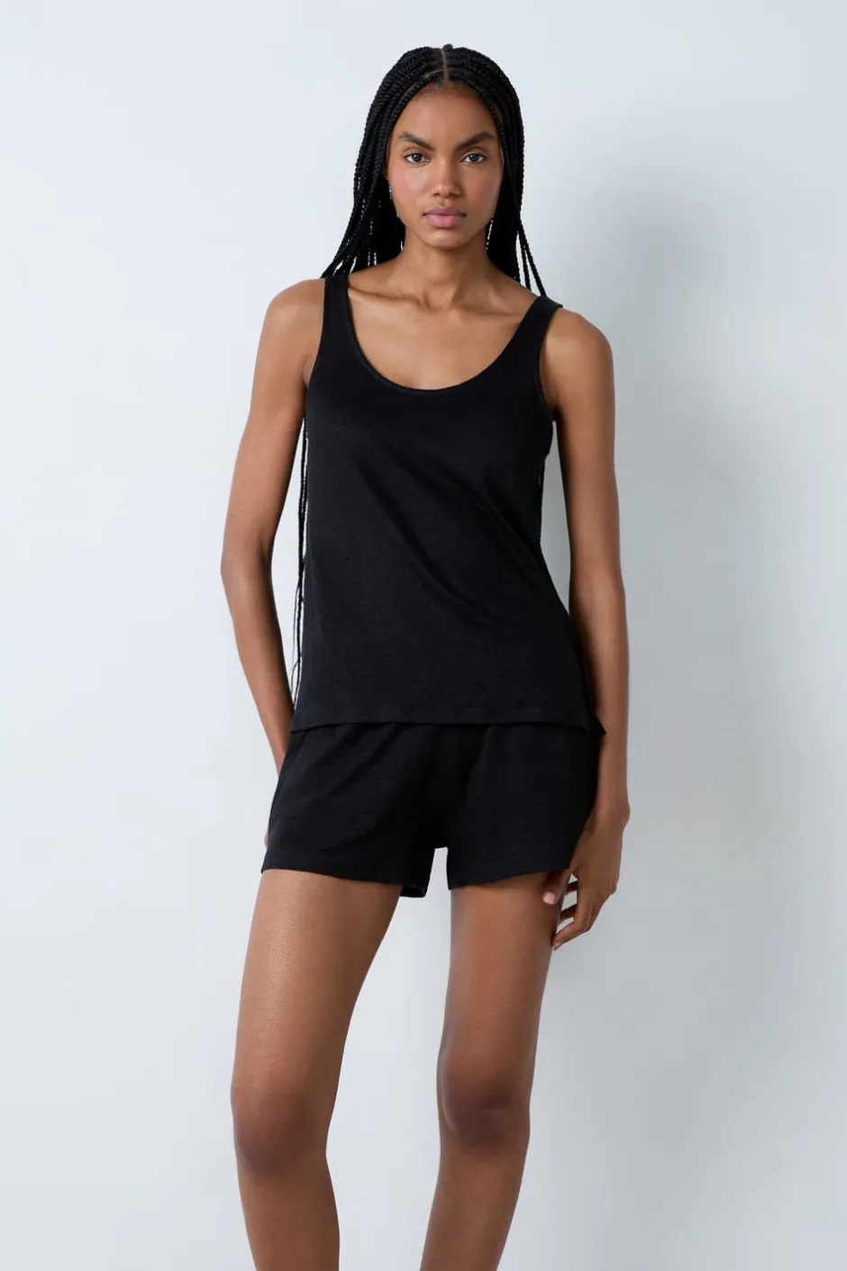 ETAM Pijamas Esenciales|Partes De Arriba De Pijama|Camiseta de tirantes 100% lino NEGRO
