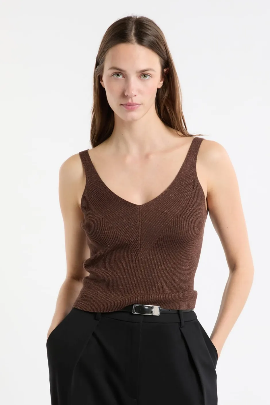 ETAM Cuello En V|Tops Sin Mangas|Camiseta sin mangas acanalada brillante MARRÓN