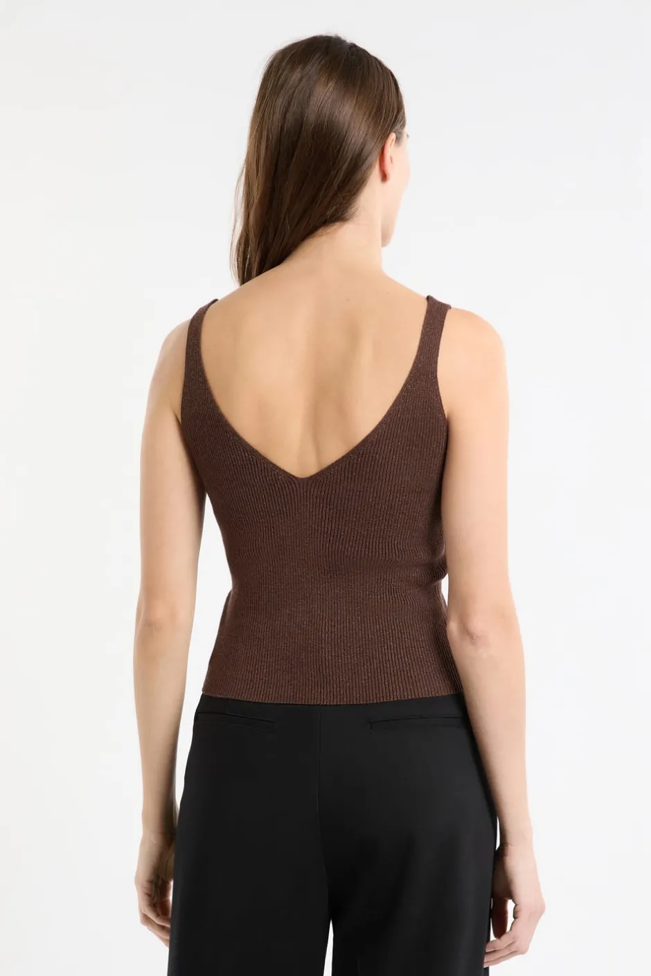 ETAM Cuello En V|Tops Sin Mangas|Camiseta sin mangas acanalada brillante MARRÓN