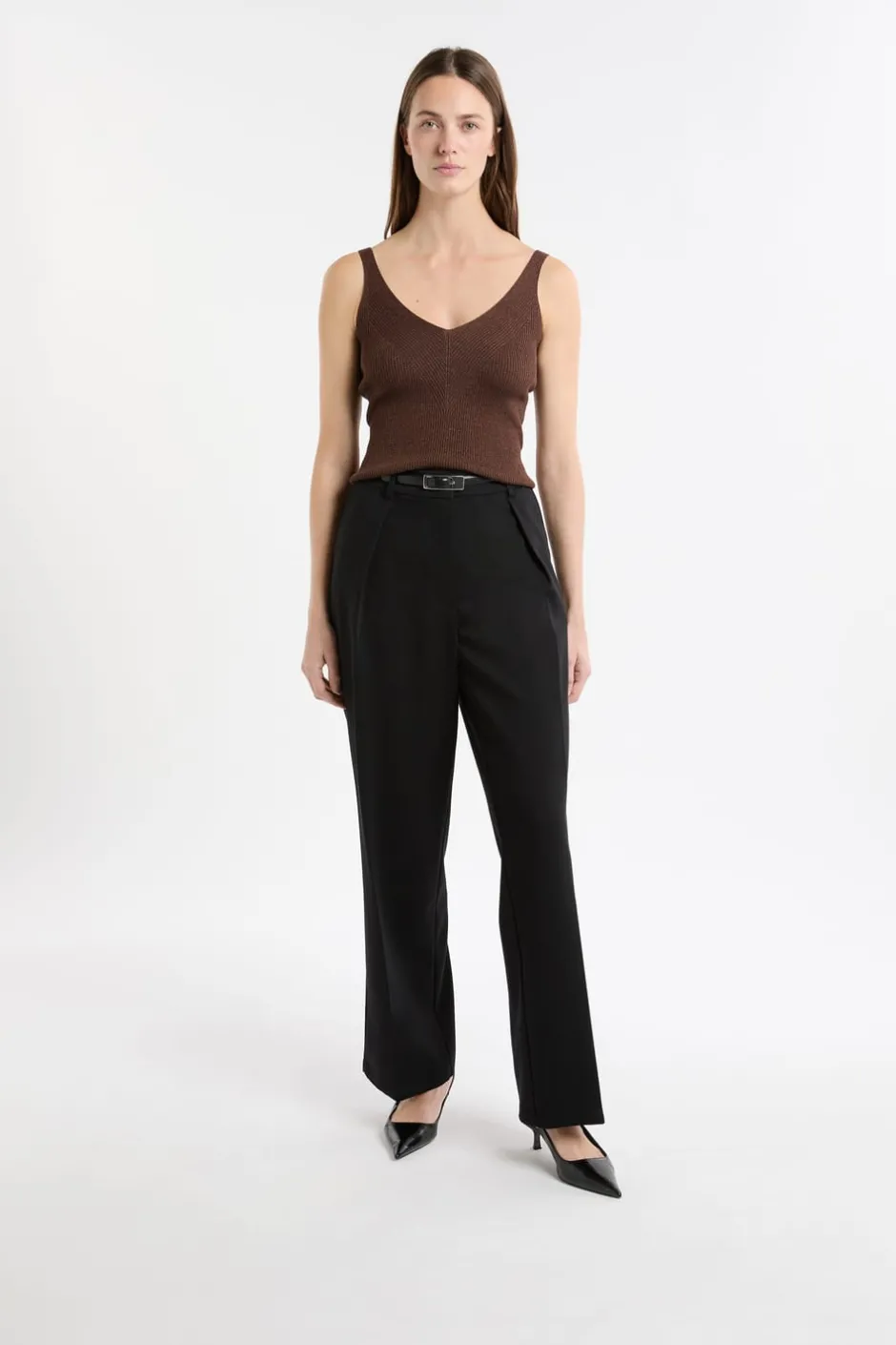 ETAM Cuello En V|Tops Sin Mangas|Camiseta sin mangas acanalada brillante MARRÓN