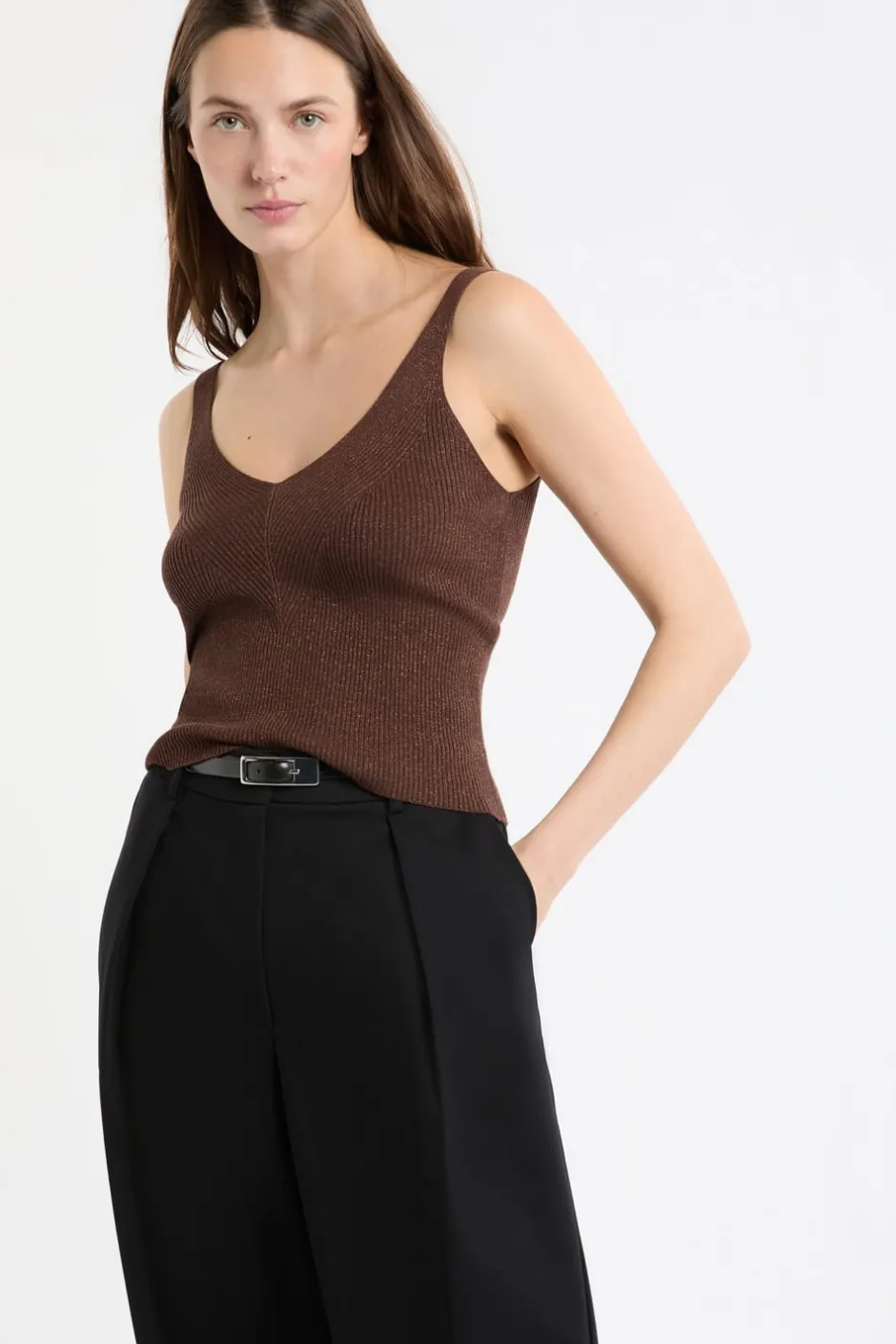 ETAM Cuello En V|Tops Sin Mangas|Camiseta sin mangas acanalada brillante MARRÓN
