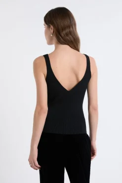 ETAM Cuello En V|Tops Sin Mangas|Camiseta sin mangas acanalada brillante NEGRO