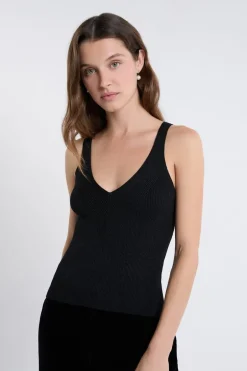 ETAM Cuello En V|Tops Sin Mangas|Camiseta sin mangas acanalada brillante NEGRO