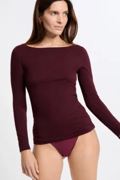ETAM Colección Térmica|Partes De Arriba De Pijama|Camiseta térmica con cuello barco BURDEOS GRANATE