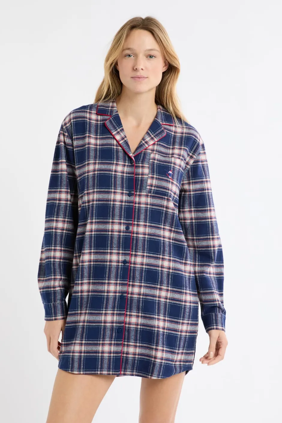 ETAM Los Pijamas Más Responsables|Camisones Con Manga|Camisón de algodón a cuadros marino