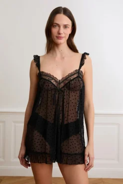 ETAM Pijamas Sexy|Camisones De Tirantes|Camisón de tul con estampado de corazones NEGRO