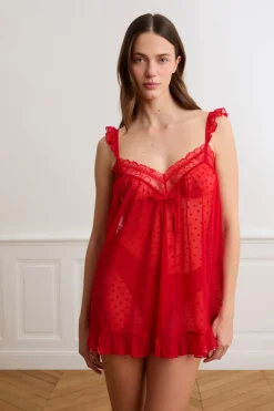 ETAM Pijamas Sexy|Camisones De Tirantes|Camisón de tul con estampado de corazones ROJO