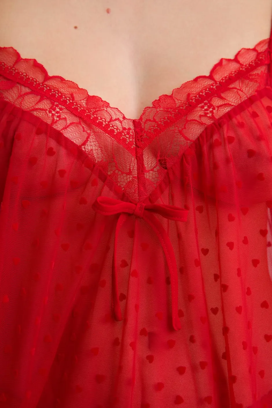 ETAM Pijamas Sexy|Camisones De Tirantes|Camisón de tul con estampado de corazones ROJO