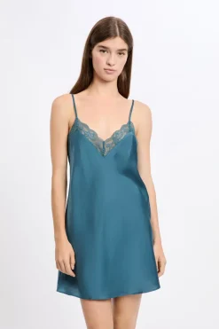 ETAM Camisones De Tirantes|Camisón satinado con detalles de encaje AZUL PETRÓLEO