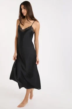 ETAM Camisones De Tirantes|Camisón satinado con detalles de encaje NEGRO
