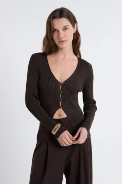 ETAM Cuello En V|Chaquetas|Cardigan irisé avec boutons dorés MARRON
