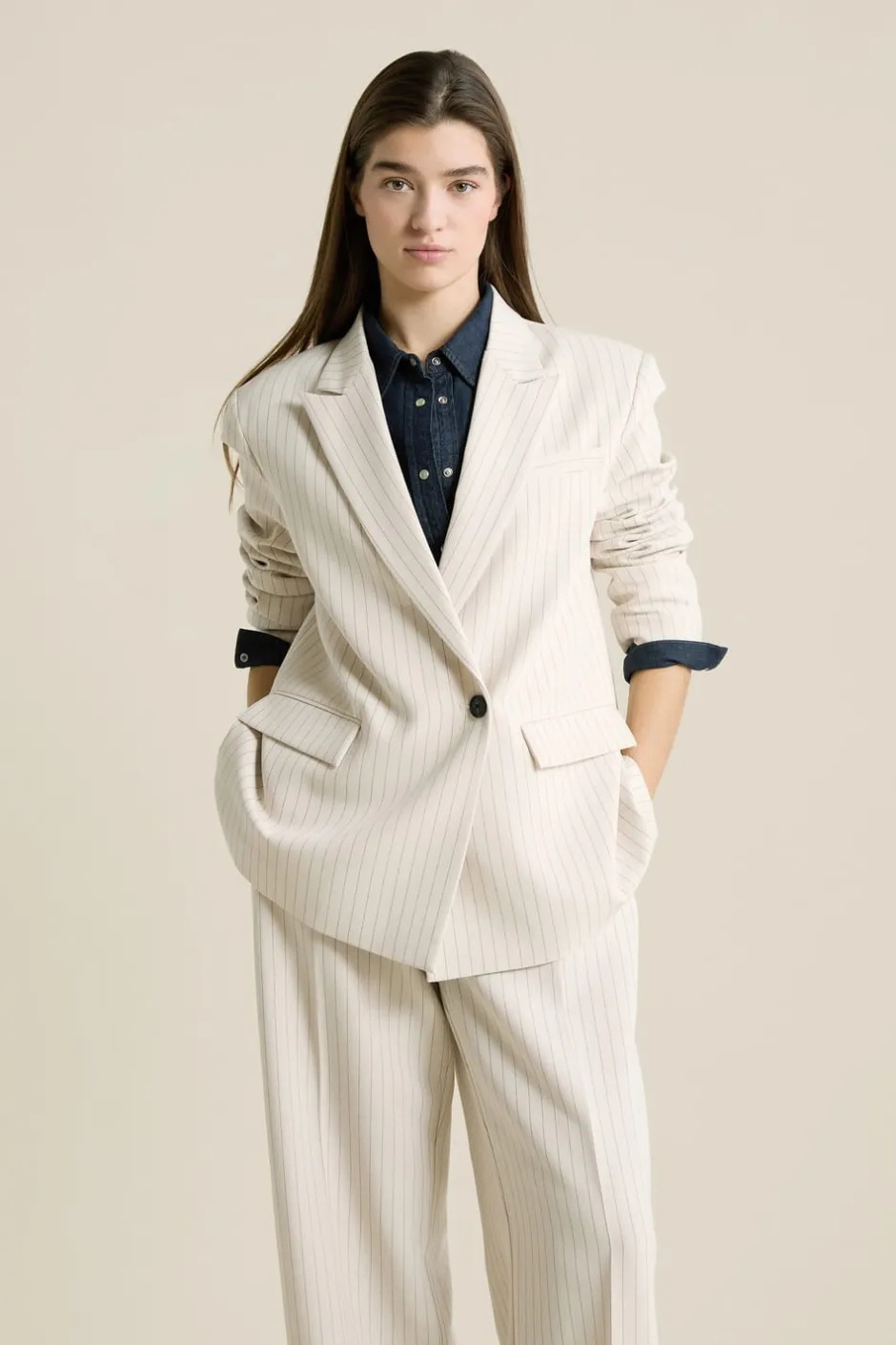 ETAM Chaquetas|Blazers|Chaqueta blazer oversize a rayas IMP FD crudo