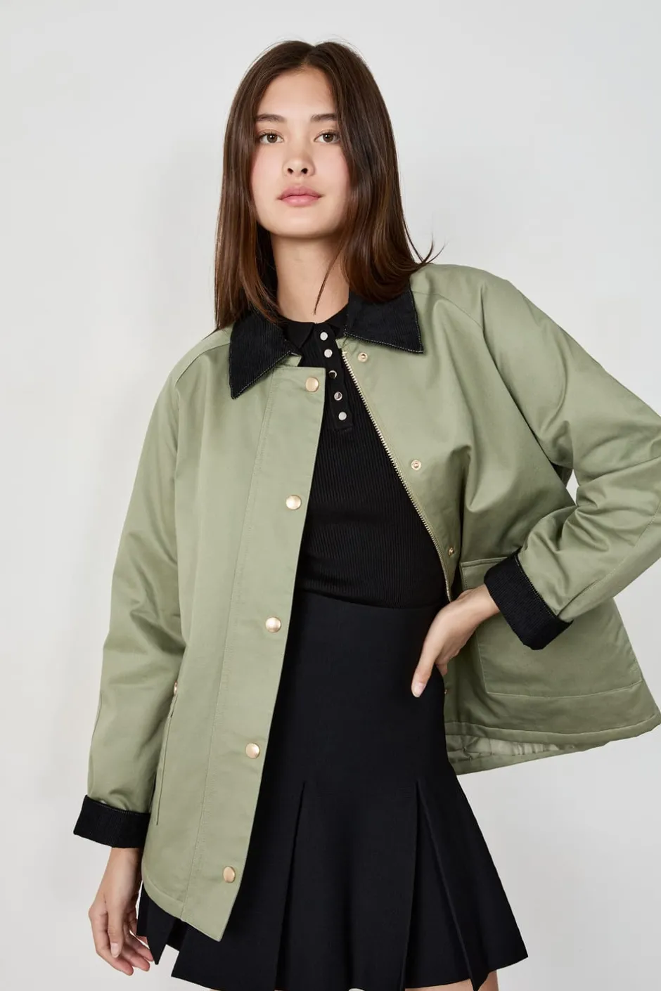 ETAM Chaquetas|Chaqueta con cuello de terciopelo y corte recto CAQUI