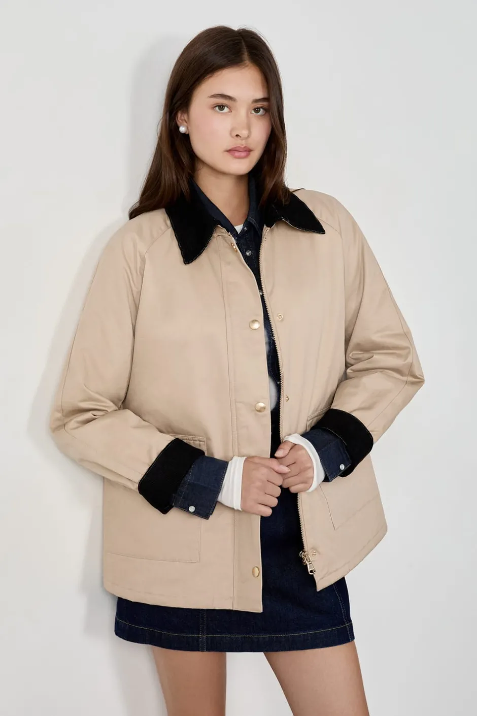 ETAM Chaquetas|Chaqueta con cuello de terciopelo y corte recto LISTO PARA TEÑIR