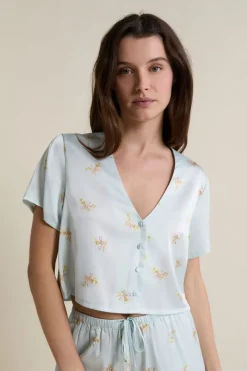 ETAM Los Pijamas Más Responsables|Partes De Arriba De Pijama|Chemise de pyjama courte satinée IMP BLEU VERT