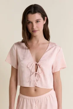 ETAM Partes De Arriba De Pijama|Chemise de pyjama satinée avec noeuds IMP FOND ROSE