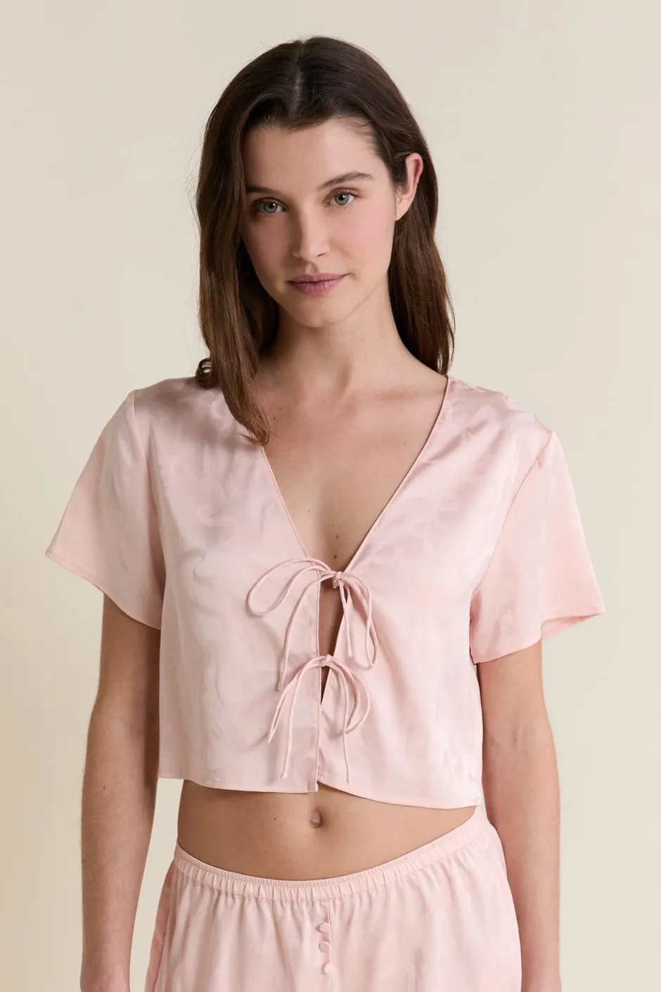ETAM Partes De Arriba De Pijama|Chemise de pyjama satinée avec noeuds IMP FOND ROSE