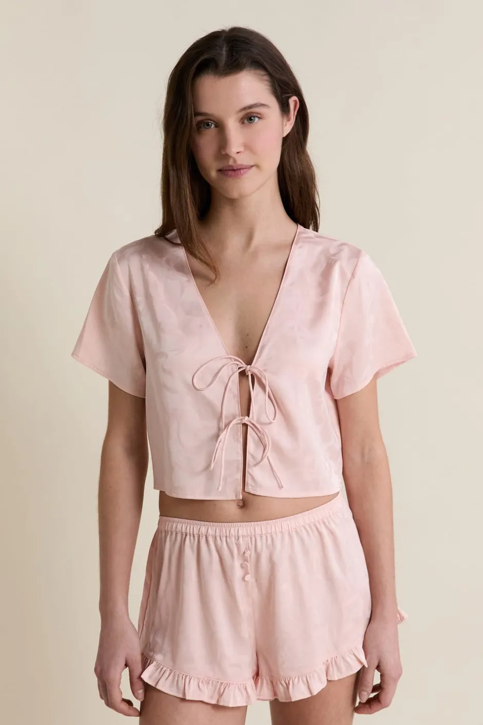 ETAM Partes De Arriba De Pijama|Chemise de pyjama satinée avec noeuds IMP FOND ROSE