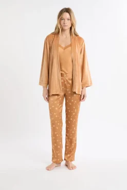 ETAM Pijamas 2 Y 3 Piezas|Conjunto de pijama de 3 piezas de satén con estampado floral IMP FD MARRÓN