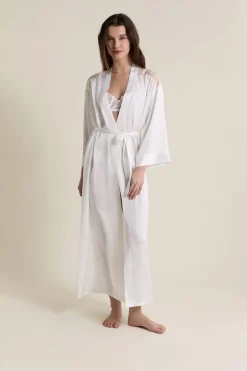 ETAM Los Pijamas Más Responsables|Pijamas Para Novias|Déshabillé long satiné avec ceinture BLANC