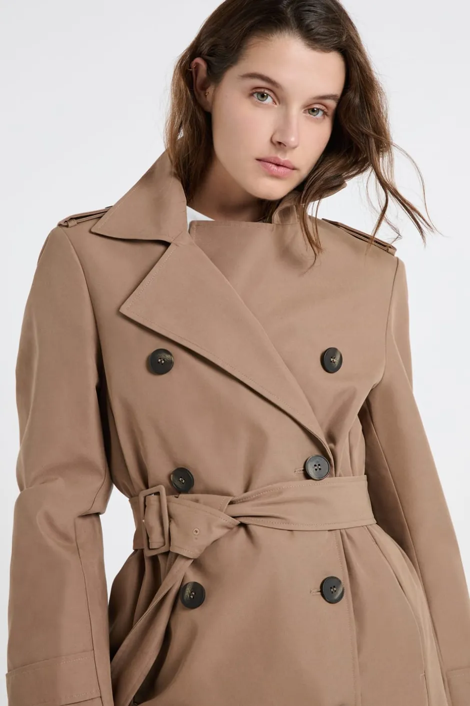ETAM Abrigos Largos|Gabardinas|Gabardina larga con cinturón y algodón Topo