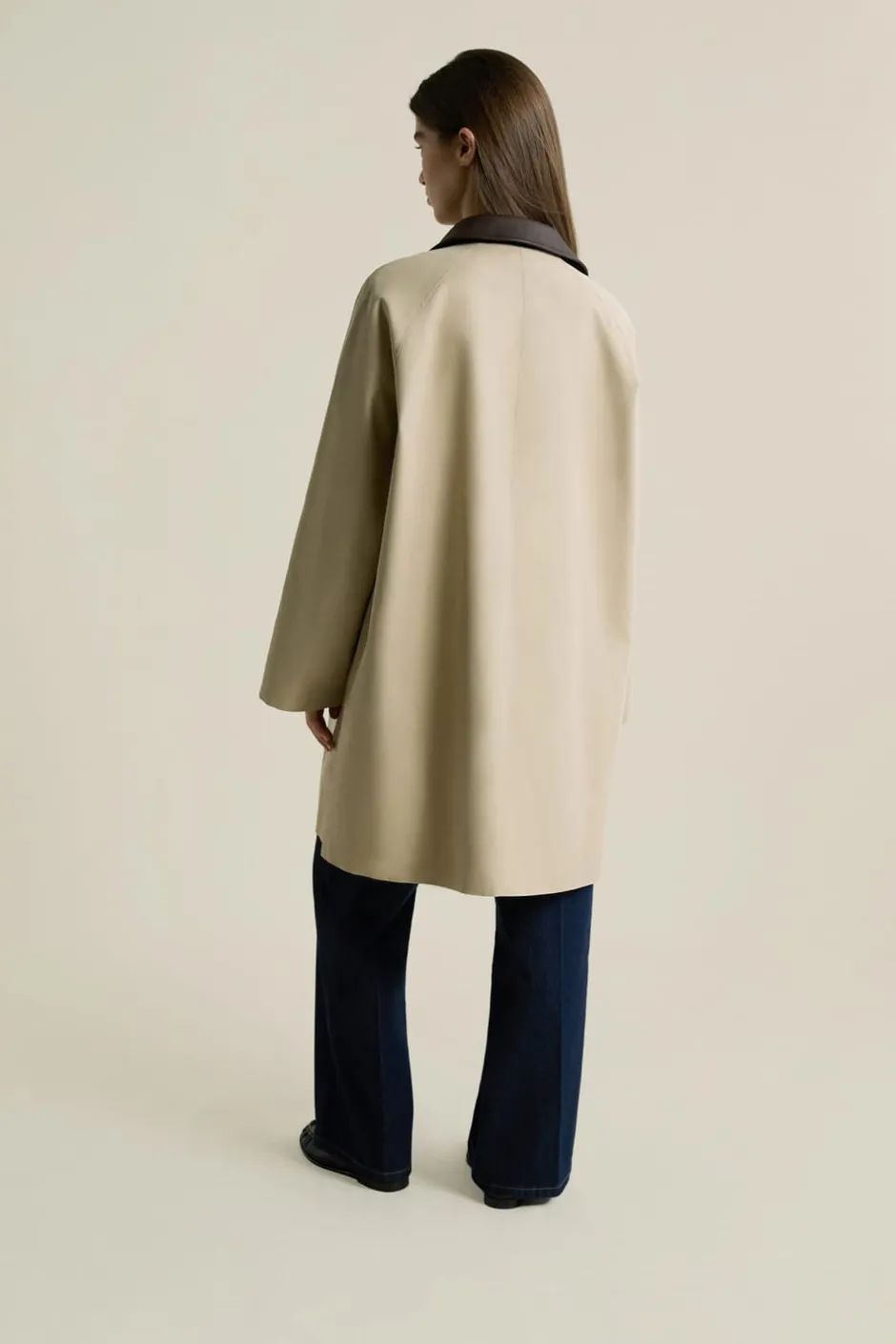 ETAM Abrigos Largos|Gabardinas|Gabardina larga con cuello de algodón en contraste BEIGE
