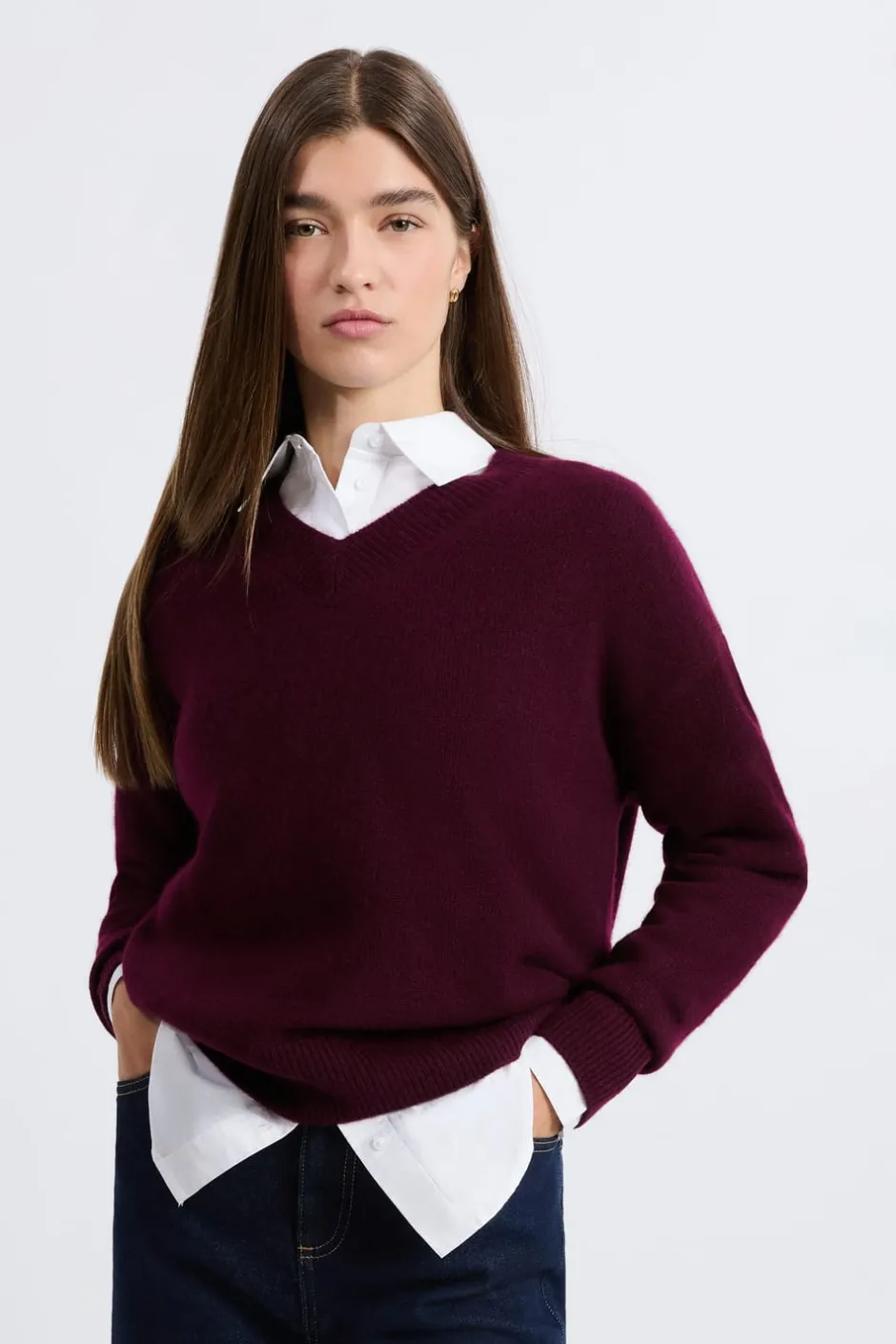 ETAM 100% Cashmere|Cuello En V|Jersey de cuello en V de cashmere MORADO