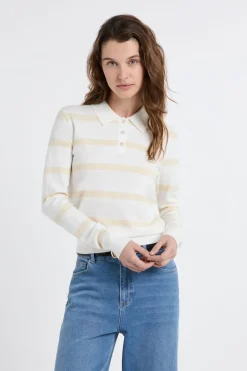 ETAM Jerséis|Rayas Marineras|Jersey de cuello polo de manga larga a rayas crudo