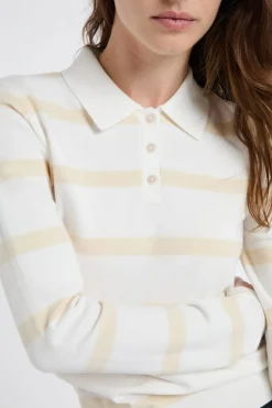 ETAM Jerséis|Rayas Marineras|Jersey de cuello polo de manga larga a rayas crudo