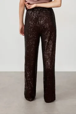 ETAM Corte Recto|Pantalones|Pantalón corte ancho con lentejuelas MARRÓN