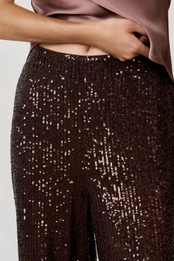 ETAM Corte Recto|Pantalones|Pantalón corte ancho con lentejuelas MARRÓN
