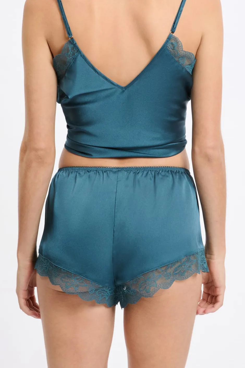 ETAM Partes De Abajo De Pijama|Pantalón corto de pijama satinado con detalles de encaje AZUL PETR&Oacute;LEO