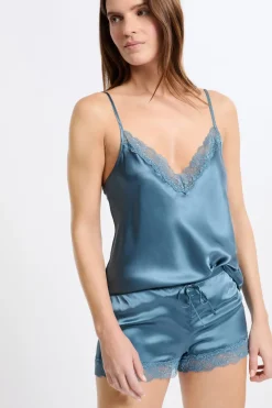 ETAM Pijamas De Seda|Partes De Abajo De Pijama|Pantalón corto de seda con detalles de encaje AZUL OSCURO