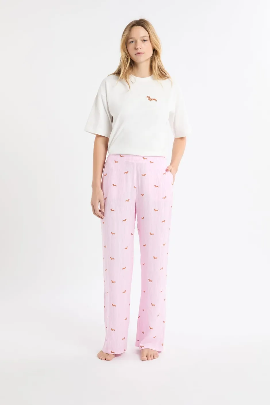 ETAM Los Pijamas Más Responsables|Partes De Abajo De Pijama|Pantalón de pijama a rayas con estampado de perros ROSA CARAMELO
