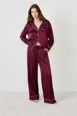 ETAM Partes De Abajo De Pijama|Los Pijamas Más Responsables|Pantalón de pijama a rayas de satén BURDEOS GRANATE
