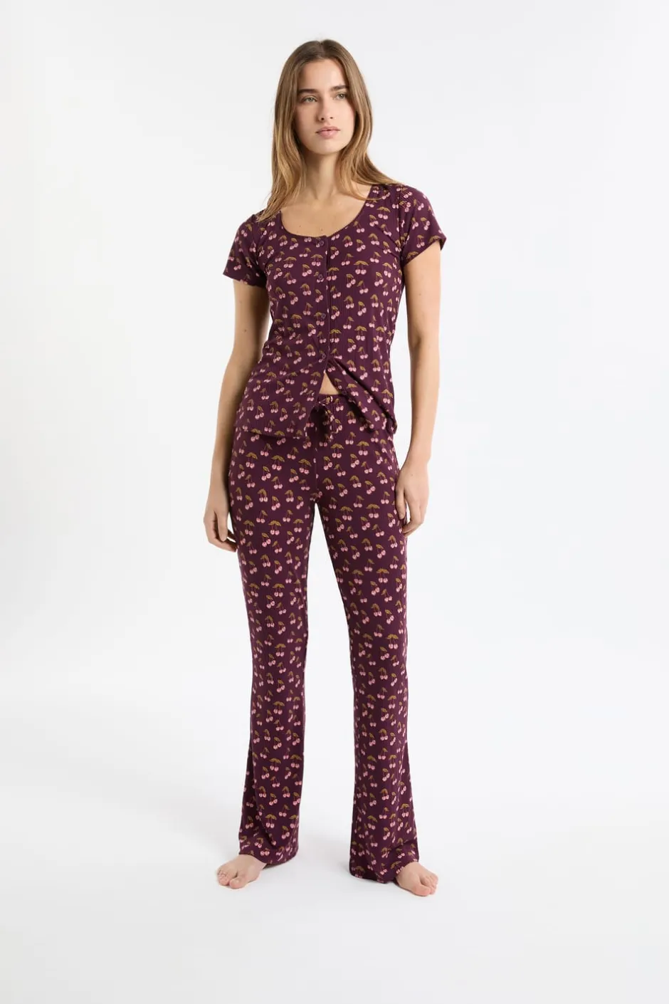 ETAM Los Pijamas Más Responsables|Partes De Abajo De Pijama|Pantalón de pijama con estampado de cerezas VIOLET