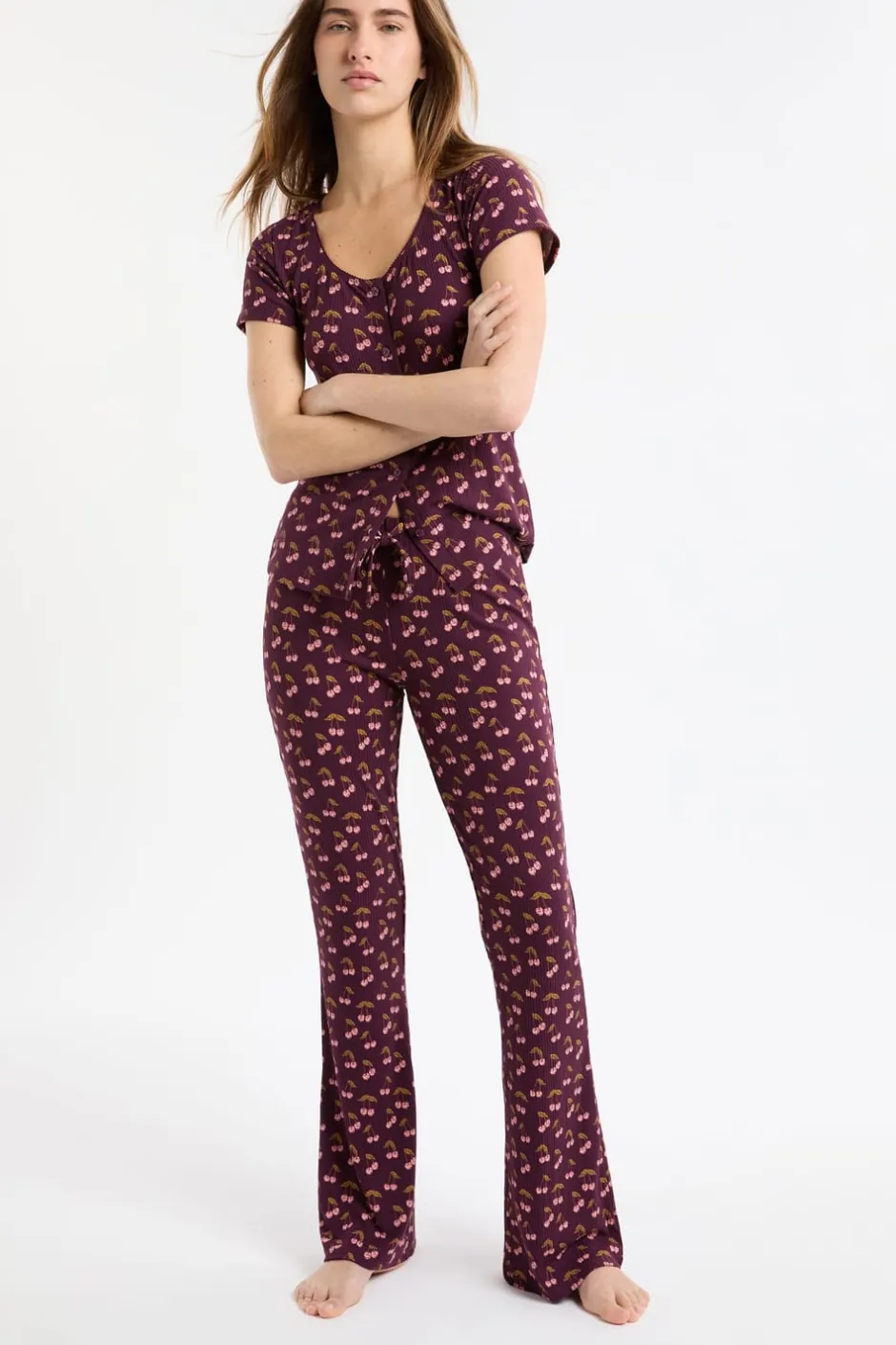 ETAM Los Pijamas Más Responsables|Partes De Abajo De Pijama|Pantalón de pijama con estampado de cerezas VIOLET