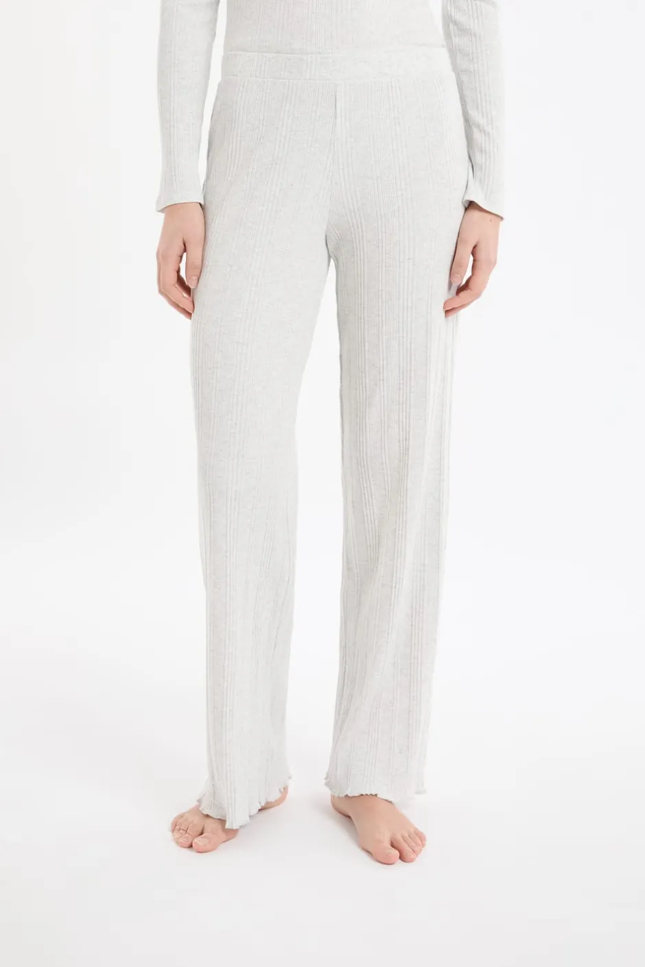 ETAM Homewear|Pijamas Esenciales|Pantalón de pijama recto de algodón acanalado GRIS