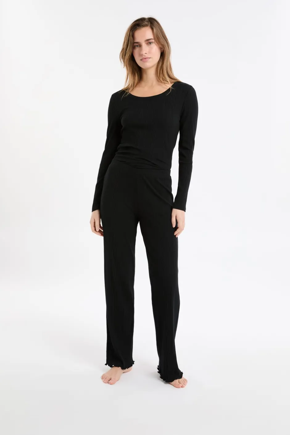 ETAM Homewear|Pijamas Esenciales|Pantalón de pijama Richelieu de punto elástico NEGRO