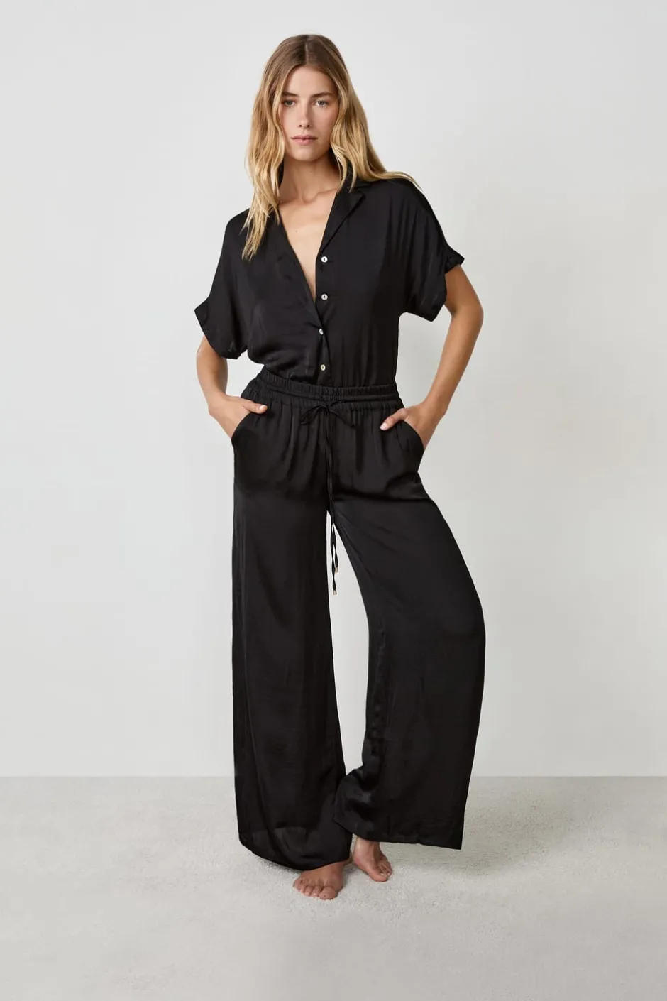 ETAM Partes De Abajo De Pijama|Pantalón satinado de corte ancho NEGRO