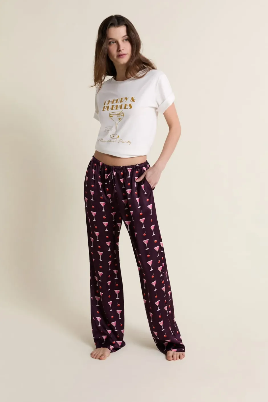 ETAM Partes De Abajo De Pijama|Pantalon de pyjama satiné à motifs mocktails IMP FD MARRON