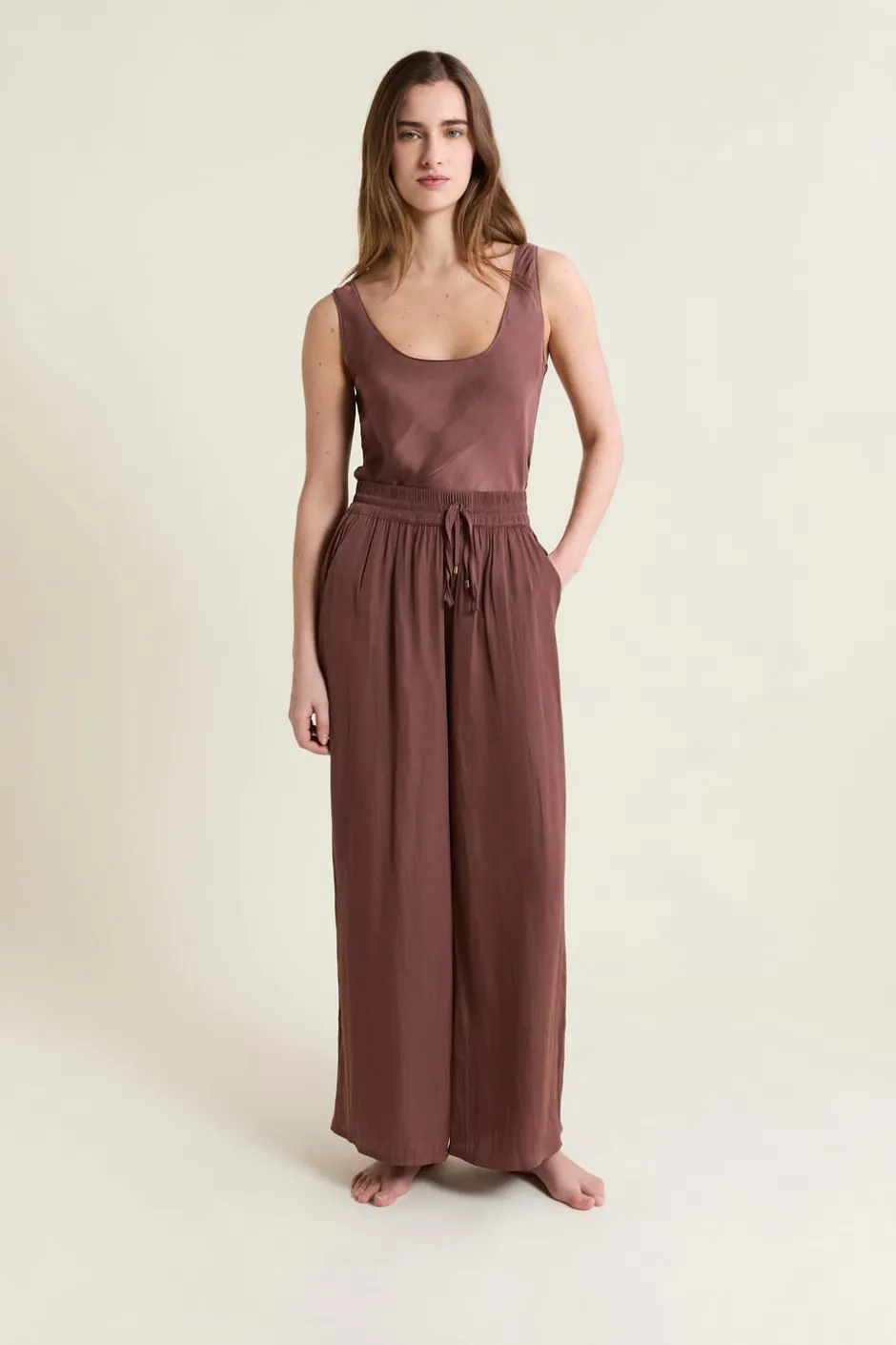 ETAM Partes De Abajo De Pijama|Pantalon satiné coupe large CHOCOLAT