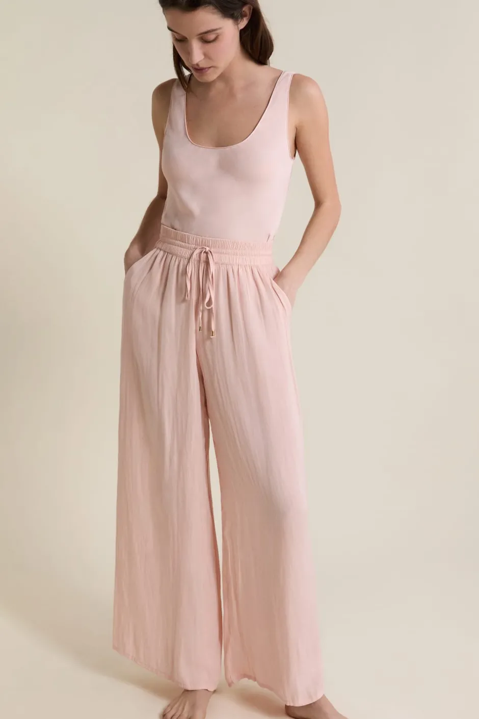 ETAM Partes De Abajo De Pijama|Pantalon satiné coupe large ROSE POUDRE