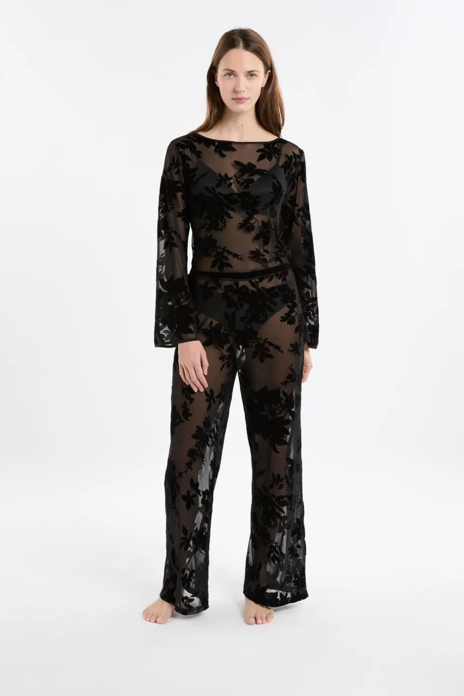 ETAM Partes De Abajo De Pijama|Pijamas Sexy|Pantalon transparent à motif floral NOIR